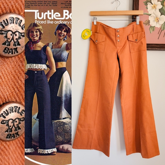 70s Turtlebax Deadstock Orange 1970s Vintage Low Rise Wide Leg Bell Bottom Pants - Picture 1 of 15